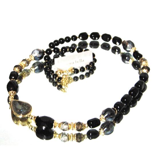 NEW Sara Bella Black Onyx Glass Bead NECKLACE 34" Adj Mother Of Pearl Nordstrom - Picture 1 of 11